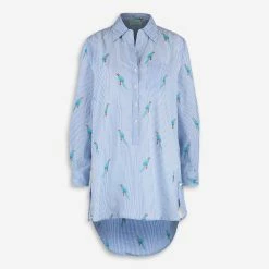 True Destinations Blue & White Striped Parrot Pattern Beach Dress