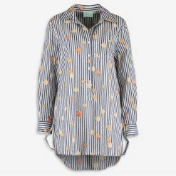 True Destinations Navy Striped Seashells Long Sleeve Beach Top