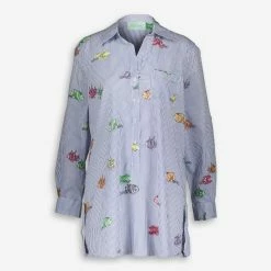 True Destinations Blue & White Striped Fish Pattern Beach Shirt