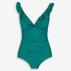 DKNY Green Ruffle Ruched Waist Swimsuit