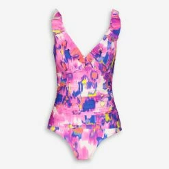 DKNY Multicolour Moire Ruffle Shirred Waist Swimsuit
